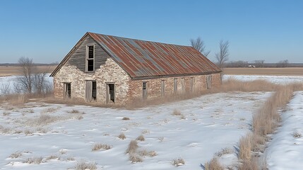 Rustic Brick Barn Stands Alone In Winter Snow