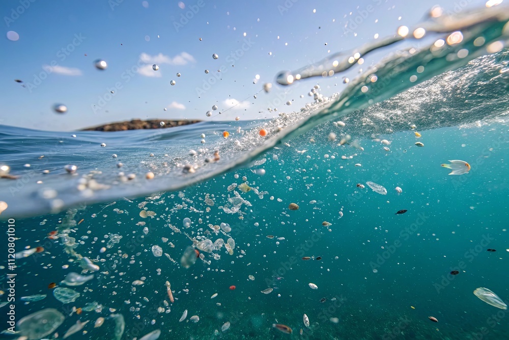 Poster a blue ocean with a lot of trash floating in it