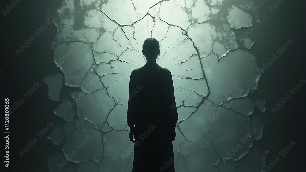 Poster silhouette before a fractured mirror with distorted reflections. cracks extend outward, symbolizing 