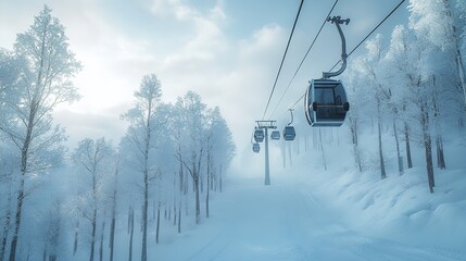 Ski Lift Ascending Through Snowy Forest on a Sunny Day