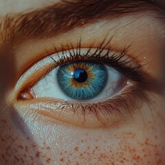 Fototapeta premium Close-up of a mesmerizing blue eye with freckles and sunlit skin.