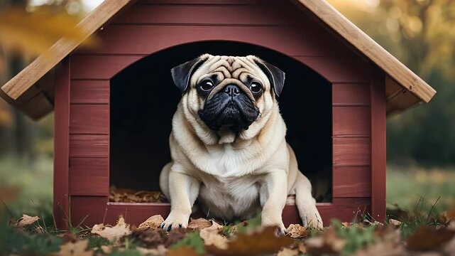 funny pug video dog house pet animal cute puppy home wooden doghouse brown wood nature domestic canino bone kennel fence sweet ng red character garden small little yard old