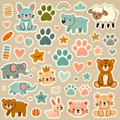 Cute pre-school animal sets, vector illustraions, patterns, fish, lizards, cows farm animals, pigs, bees, birds, gecko, lady bugs, wolves, jellyfish, insects. stickers for kids and pre-school 