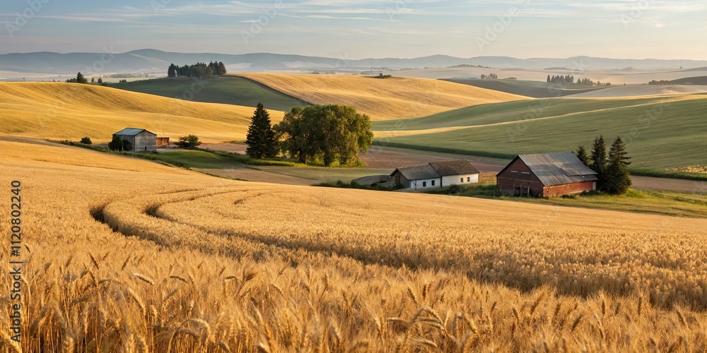 Poster a large field of golden wheat with a few small buildings in the distance