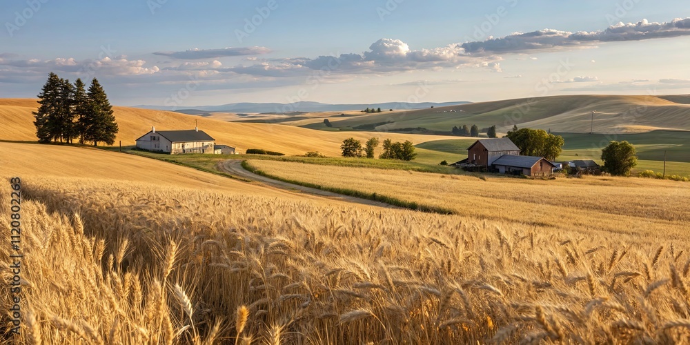 Poster A large field of wheat with a few houses in the distance