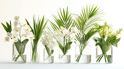 Six elegant glass vases with various white flowers and tropical greenery.