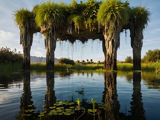 Obraz premium A surreal garden where plants grow upside-down from floating islands