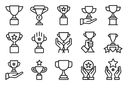  Hand with tropy various style editable stroke outline icon set isolated flat vector illustration white background