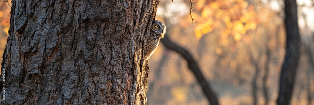 Poster owl peeking from behind a tree in a serene setting.