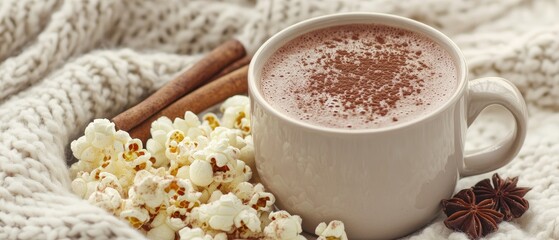 Cozy hot chocolate with popcorn and spices on knit blanket.