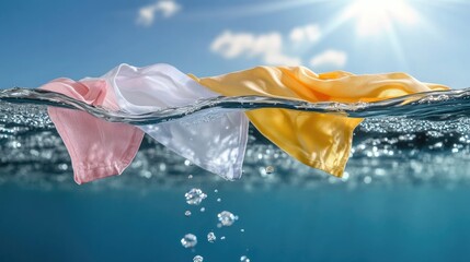 Refreshing clarity: a group of clothes submerged in clear water, essence of freshness and spotless washing, beauty of cleanliness and the invigorating feeling of freshly laundered garments.