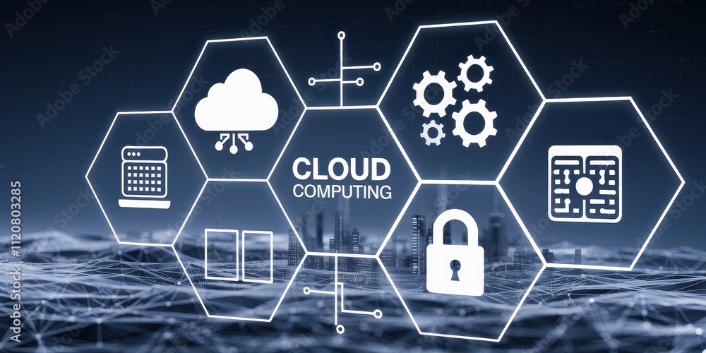 Poster futuristic hexagons and cloud computing symbols on abstract dark background