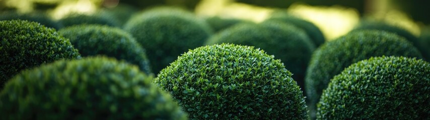 Lush green spherical shrubs in a garden.