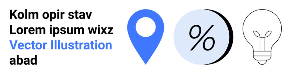 Blue location pin, percentage icon in gradient blue and black circle, and lightbulb outline with sample text. Ideal for business presentations, marketing materials, educational content, website