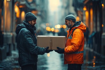 Delivery Workers Carrying Cardboard Box in Urban Scene
