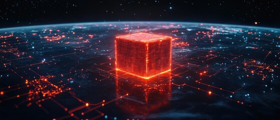 Glowing cube above Earth's digital network.