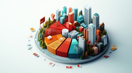 Isometric city model integrated into a pie chart, representing urban development and data analysis.