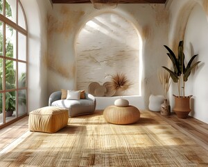 room with a window space with a blush pink sofa, a dark walnut coffee table, and a white stucco fireplace. The high ceilings enhance the open feel