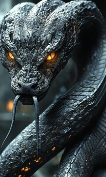 A menacing, multi-headed serpent with glowing eyes and textured scales.