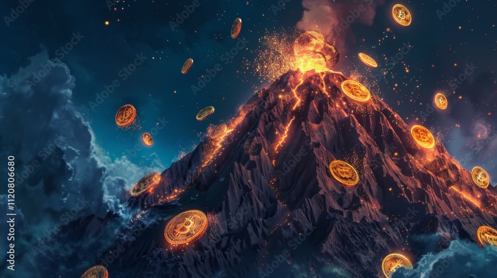 Poster a towering volcano covered in a layer of shimmering glittering virtual coins highlighting the allure