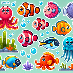 Fototapeta premium Cute pre-school animal sticker sets, Fish, Birds, Lizards, geckos, bears, wolves, dogs, cats, elephants, farm animals vector illustration for kids