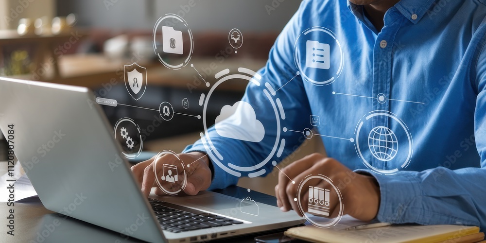 Poster cybersecurity professional analyzing data on laptop computer