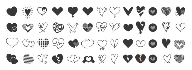 Heart love black symbol clipart valentine set. Love heart icon in hand drawn, doodle, contour and drawing symbol elements for decoration logotype outline clip art collection. Vector illustration 