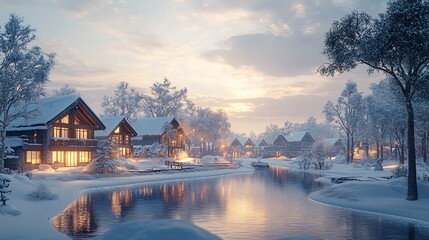 Snowy Village Sunrise: Frosty Cabin Landscape with Golden Sky and Snow-Covered Trees