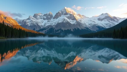 Fototapeta premium Snow-capped mountain range reflected perfectly in a crystal-clear alpine lake, surrounded by pine trees and a bright, cloudless sky.