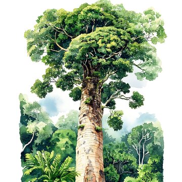 Watercolor Painting of a Majestic Kauri Tree in a Lush Green Forest.