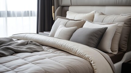 Luxury bed close-up, light beige and dark gray color scheme, matched with high-quality leather bed frame, simple modern design shows warmth and luxury, captured by Chen Man photography style.