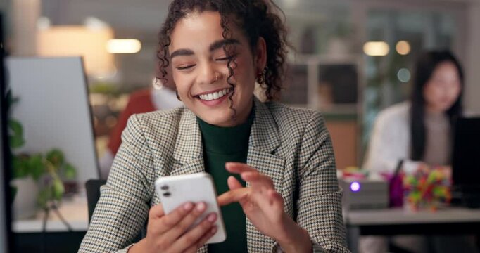 Woman, happy and phone in office for business, job opportunity or positive feedback in company. Accountant, laugh or mobile in coworking space for comedy message, networking and social media on break