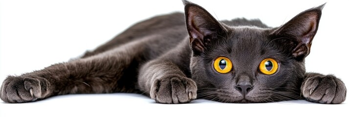 A sleek black cat with striking yellow eyes.