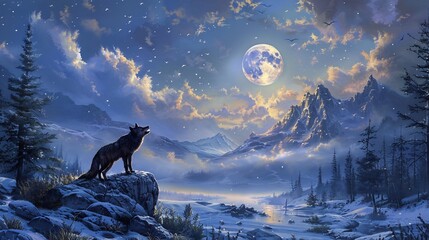 Majestic Wolf Howling Underneath a Full Moon in a Snowy Mountain Landscape