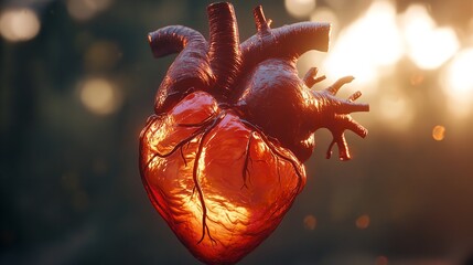 A red glass heart sits on a table with a blurry background. AI.