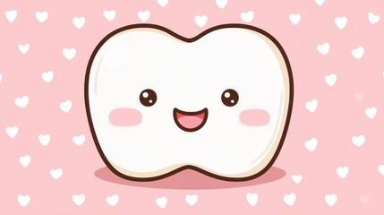 Adorable Happy Tooth Cartoon Illustration  with Pink Heart Background for Dental Care