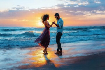 Fototapeta premium Joyful Mature African American Couple Dancing on the Beach at Sunset