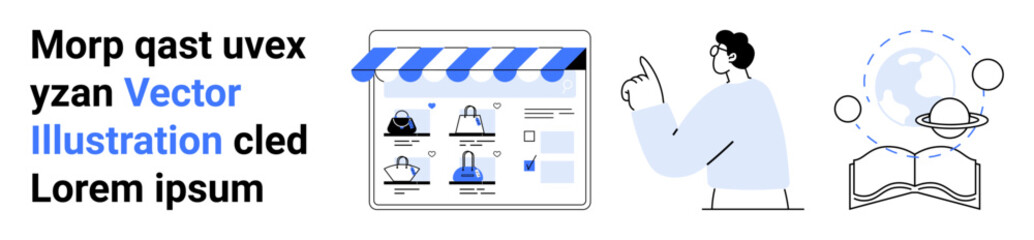 Shopping website interface with storefront elements, user pointing at screen, open book, and globe with icons. Ideal for e-commerce, online learning, global communication, technology, digital