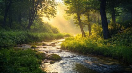 Obraz premium Serene Sunrise River in Misty Forest: A Peaceful Morning in Nature