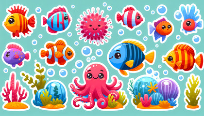 Cute pre-school animal sticker sets, Fish, Birds, Lizards, geckos, bears, wolves, dogs, cats, elephants, farm animals vector illustration for kids