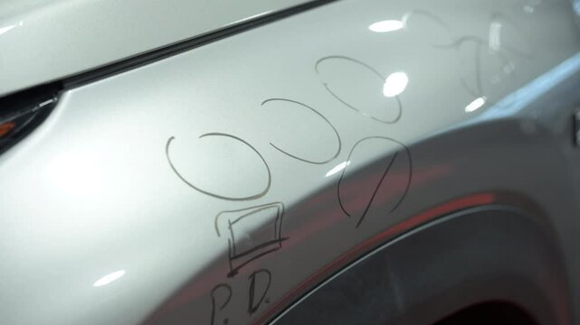 Preparing to Repairing Hail Damage on Car Hood in car body shop. Close up 