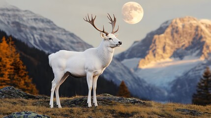 Obraz premium A majestic white deer with perfect antlers, on the mountain and the beautiful view of the full moon at night