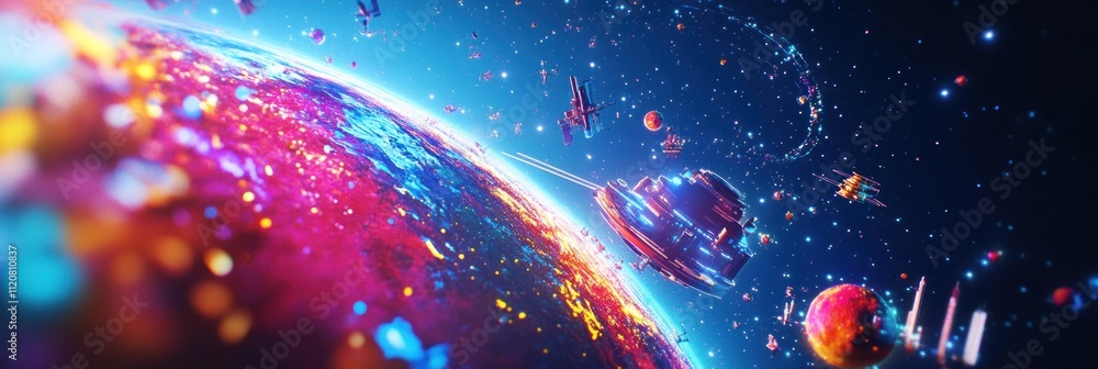 Wall mural vibrant cosmic scene with spacecraft and planets.