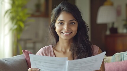 Naklejka premium Joyful woman reading documents at home natural light close-up view