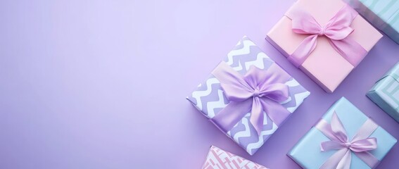 Colorful gift boxes on a pastel background.