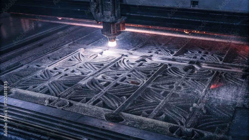 Poster an overhead view of a laser sintering machines build chamber showcasing a fine layer of powder being
