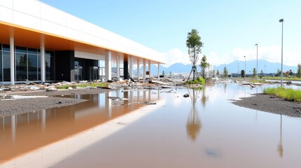 Fototapeta premium Flooded area near a building with debris and reflections.