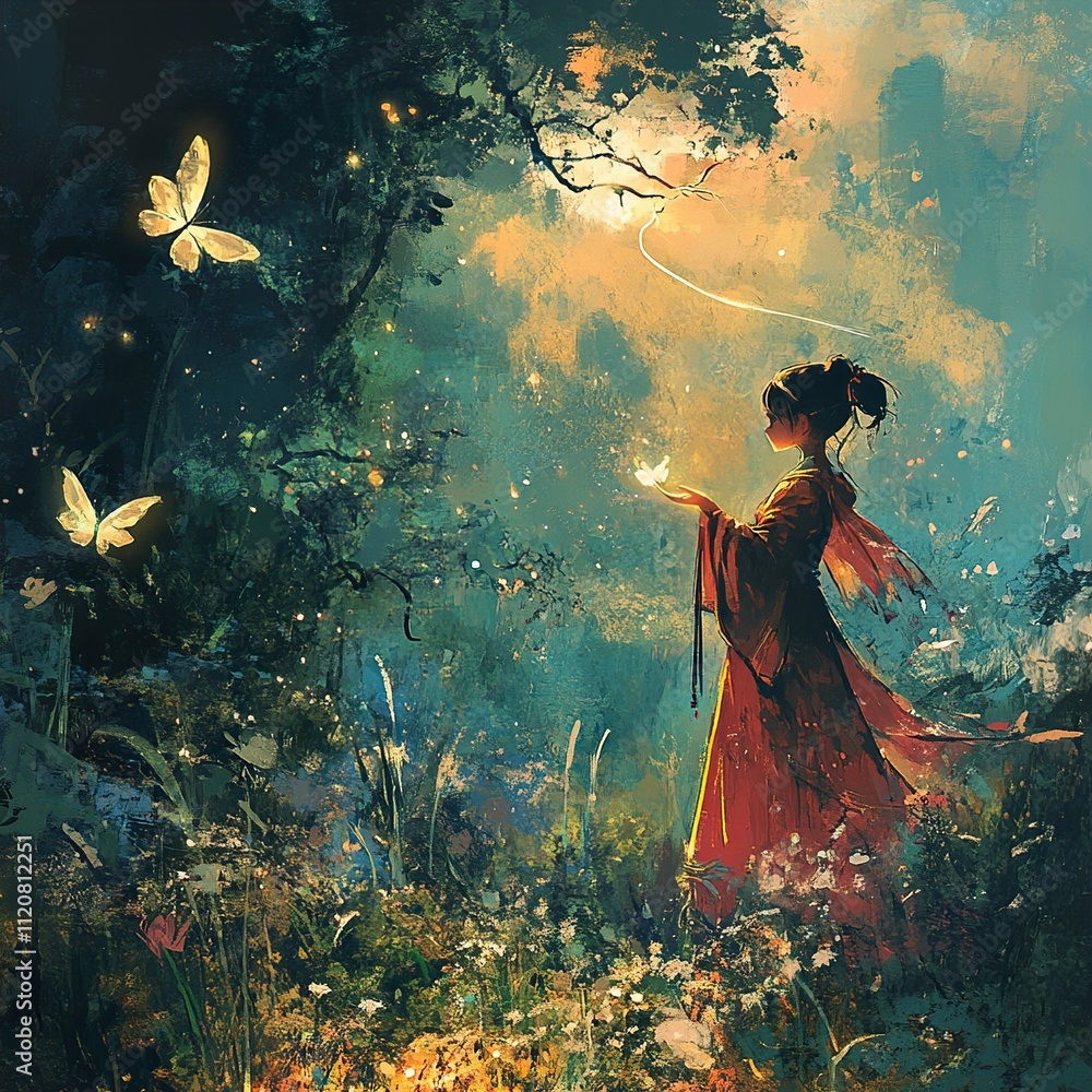 Wall mural Enchanted Forest: A Girl and Butterflies in a Dreamlike Setting