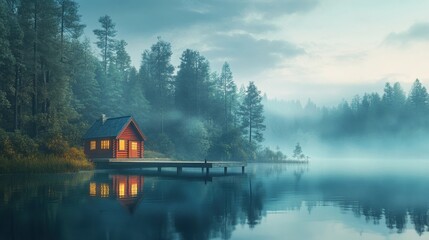 Obraz premium Tranquil forest lake with cabin reflection for nature inspiration art prints