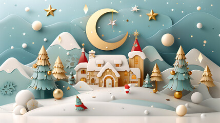 whimsical winter scene featuring cozy cottage, snow covered trees, and festive decorations